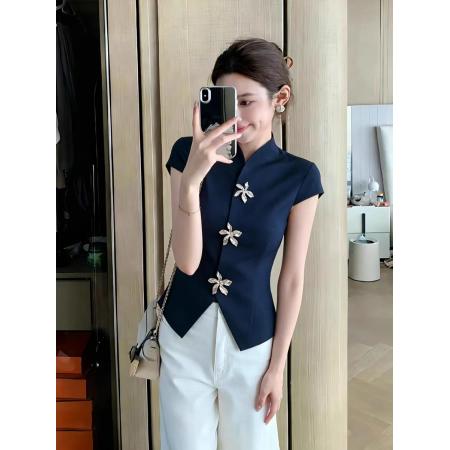 蓝色新中式别致收腰短袖衬衫女春季新款设计感独特超好看上衣  服裝批發女裝批發服飾貨源