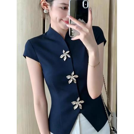 蓝色新中式别致收腰短袖衬衫女春季新款设计感独特超好看上衣  服裝批發女裝批發服飾貨源