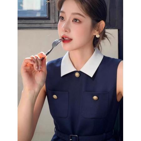 法式撞色翻领无袖衬衫女夏季新款小众设计高级感别致收腰上衣  服裝批發女裝批發服飾貨源