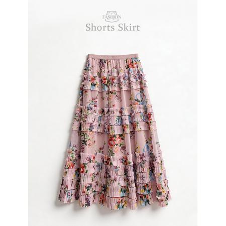 春游印花高腰半身裙女新款大摆网纱显瘦温柔风百褶长裙  服裝批發女裝批發服飾貨源