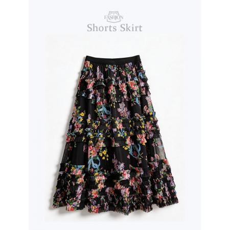 春游印花高腰半身裙女新款大摆网纱显瘦温柔风百褶长裙  服裝批發女裝批發服飾貨源