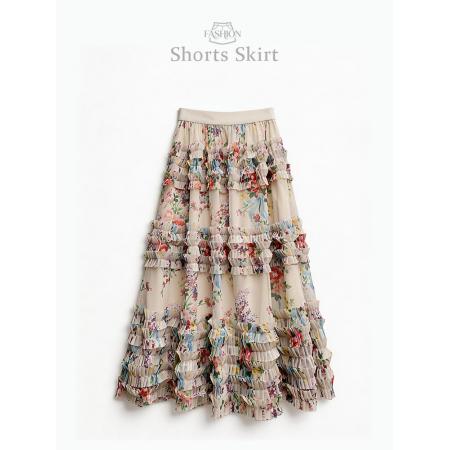 春游印花高腰半身裙女新款大摆网纱显瘦温柔风百褶长裙  服裝批發女裝批發服飾貨源