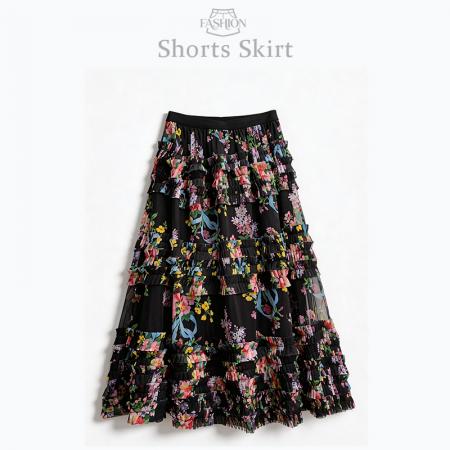 春游印花高腰半身裙女新款大摆网纱显瘦温柔风百褶长裙  服裝批發女裝批發服飾貨源