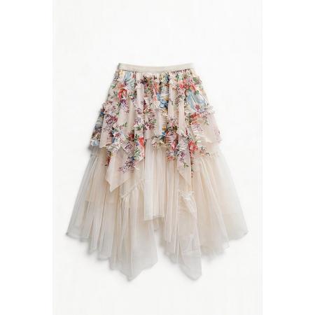 花屿漫游法式浪漫温柔风印花网纱褶皱半身裙不规则中长款长裙  服裝批發女裝批發服飾貨源