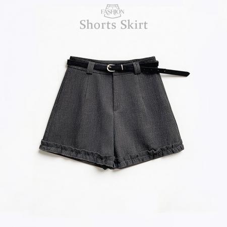 灰色西装木耳边阔腿短裤女春小个子高腰a字百搭休闲裤子  服裝批發女裝批發服飾貨源