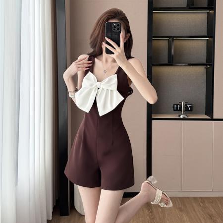 法式小香风连体裤夏季新款时尚轻奢名媛设计感蝴蝶结掐腰显瘦短裤  服裝批發女裝批發服飾貨源