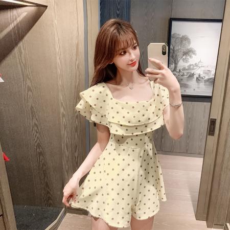 新款夏季法式一字肩荷叶边波点雪纺连衣裙甜美小个子连体裤裙  服裝批發女裝批發服飾貨源