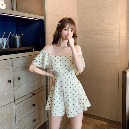 新款夏季法式一字肩荷叶边波点雪纺连衣裙甜美小个子连体裤裙  服裝批發女裝批發服飾貨源