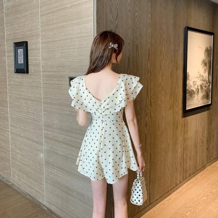 新款夏季法式一字肩荷叶边波点雪纺连衣裙甜美小个子连体裤裙  服裝批發女裝批發服飾貨源