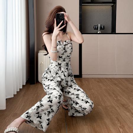 新款吊带连体裤薄款女时尚连身裤阔腿裤套装小个子连衣裤  服裝批發女裝批發服飾貨源