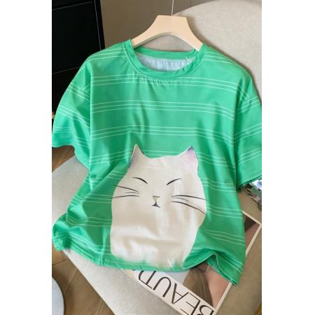 独特辣妹多巴胺穿搭半袖体恤上衣绿色印猫咪短袖t恤女夏季  服裝批發女裝批發服飾貨源