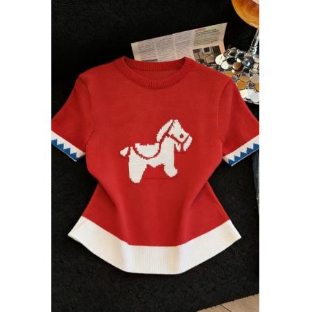 红色小马驹提花内搭打底针织短袖t恤女本命年马年上衣  服裝批發女裝批發服飾貨源