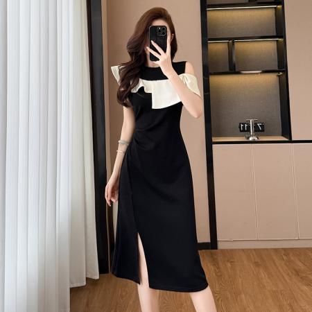 时尚洋气修身气质显瘦撞色拼接大码女装胖mm夏季连衣裙子黑色收腰  服裝批發女裝批發服飾貨源