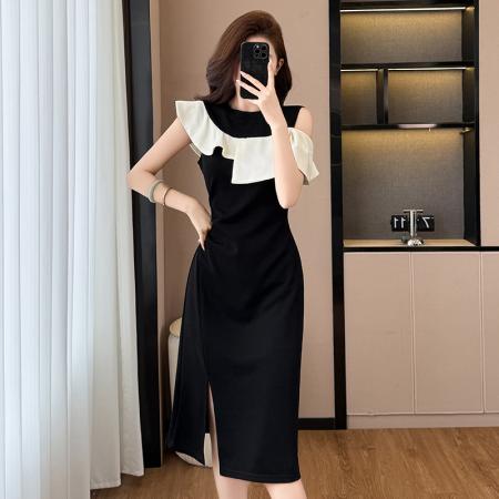 时尚洋气修身气质显瘦撞色拼接大码女装胖mm夏季连衣裙子黑色收腰  服裝批發女裝批發服飾貨源