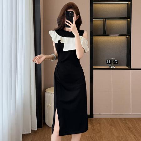 时尚洋气修身气质显瘦撞色拼接大码女装胖mm夏季连衣裙子黑色收腰  服裝批發女裝批發服飾貨源