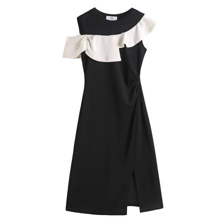 时尚洋气修身气质显瘦撞色拼接大码女装胖mm夏季连衣裙子黑色收腰  服裝批發女裝批發服飾貨源