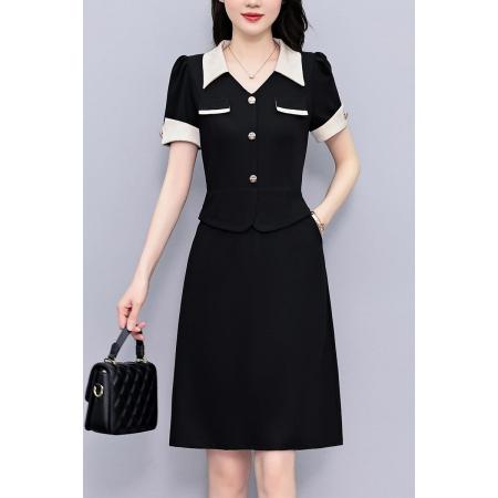 职场气质拼色大码女装胖mm短袖连衣裙修身显瘦夏新款阔太太装  服裝批發女裝批發服飾貨源