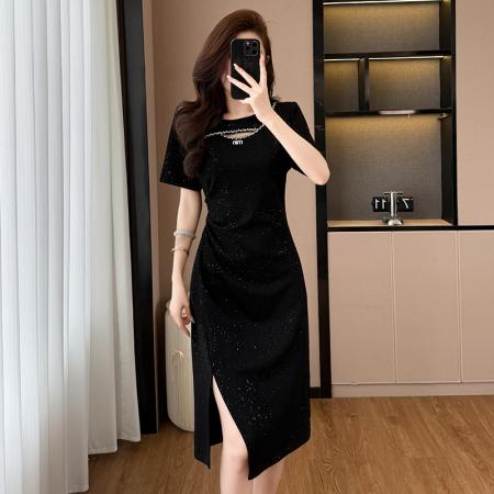 亮晶晶气质显瘦收腰中长款大码女装胖mm短袖夏季连衣裙黑色开叉裙  服裝批發女裝批發服飾貨源