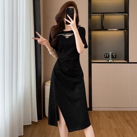 亮晶晶气质显瘦收腰中长款大码女装胖mm短袖夏季连衣裙黑色开叉裙  服裝批發女裝批發服飾貨源