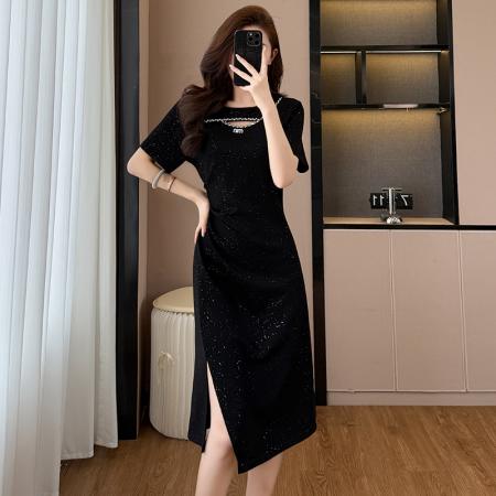 亮晶晶气质显瘦收腰中长款大码女装胖mm短袖夏季连衣裙黑色开叉裙  服裝批發女裝批發服飾貨源