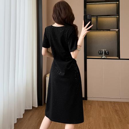 亮晶晶气质显瘦收腰中长款大码女装胖mm短袖夏季连衣裙黑色开叉裙  服裝批發女裝批發服飾貨源