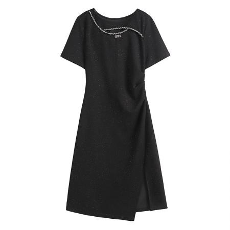 亮晶晶气质显瘦收腰中长款大码女装胖mm短袖夏季连衣裙黑色开叉裙  服裝批發女裝批發服飾貨源