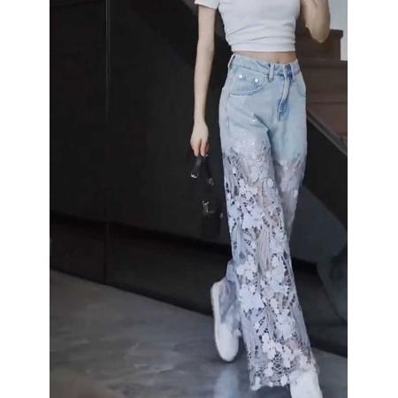 FA56859# 镂空蕾丝拼接牛仔裤女夏季薄款大码胖mm小个子破洞直筒阔腿裤
