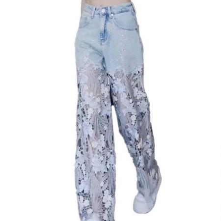 FA56859# 镂空蕾丝拼接牛仔裤女夏季薄款大码胖mm小个子破洞直筒阔腿裤