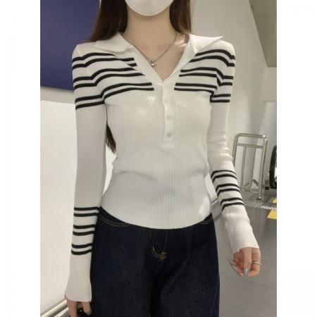 FA56860#秋季韩版修身条纹polo领纽扣正肩安迪绒针织打底衫上衣