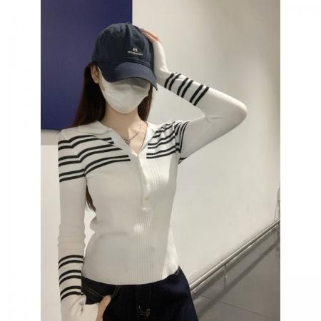 FA56860#秋季韩版修身条纹polo领纽扣正肩安迪绒针织打底衫上衣