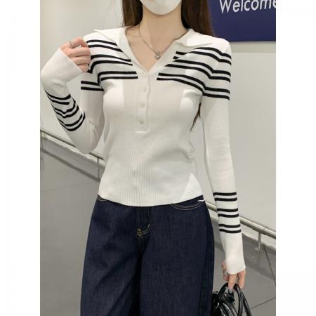 FA56860#秋季韩版修身条纹polo领纽扣正肩安迪绒针织打底衫上衣