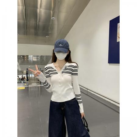 FA56860#秋季韩版修身条纹polo领纽扣正肩安迪绒针织打底衫上衣
