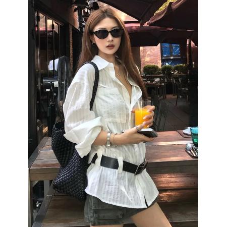 BY14029# 法式气质POLO领衬衫上衣女春夏季新款慵懒风中长款宽松休闲衬衣 服裝批發女裝批發服飾貨源