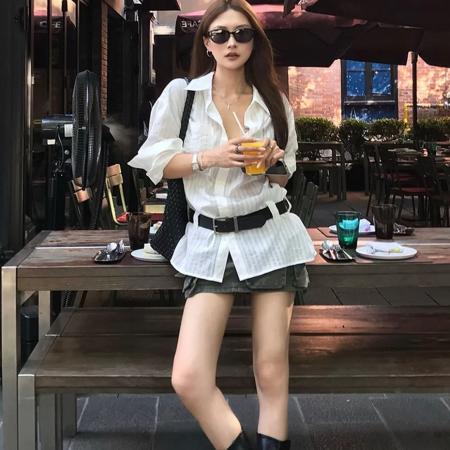 BY14029# 法式气质POLO领衬衫上衣女春夏季新款慵懒风中长款宽松休闲衬衣 服裝批發女裝批發服飾貨源