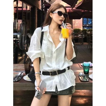 BY14029# 法式气质POLO领衬衫上衣女春夏季新款慵懒风中长款宽松休闲衬衣 服裝批發女裝批發服飾貨源