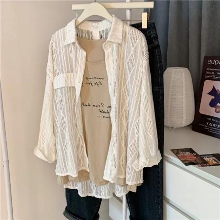 BY14031# 法式白色镂空防晒衬衫外套女夏季薄款上衣外搭开衫高级感休闲衬衣 服裝批發女裝批發服飾貨源