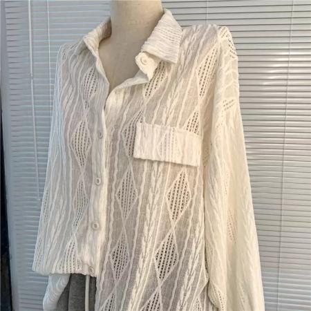 BY14031# 法式白色镂空防晒衬衫外套女夏季薄款上衣外搭开衫高级感休闲衬衣 服裝批發女裝批發服飾貨源