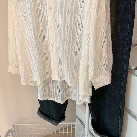 BY14031# 法式白色镂空防晒衬衫外套女夏季薄款上衣外搭开衫高级感休闲衬衣 服裝批發女裝批發服飾貨源