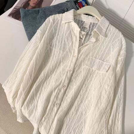 BY14031# 法式白色镂空防晒衬衫外套女夏季薄款上衣外搭开衫高级感休闲衬衣 服裝批發女裝批發服飾貨源