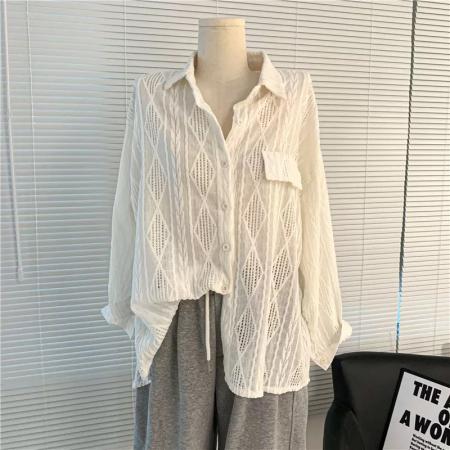 BY14031# 法式白色镂空防晒衬衫外套女夏季薄款上衣外搭开衫高级感休闲衬衣 服裝批發女裝批發服飾貨源