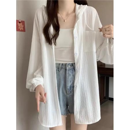 BY14032# 连帽薄款衬衫外套女夏季百搭宽松显瘦中长款开衫长袖防晒上衣 服裝批發女裝批發服飾貨源