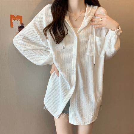 BY14032# 连帽薄款衬衫外套女夏季百搭宽松显瘦中长款开衫长袖防晒上衣 服裝批發女裝批發服飾貨源