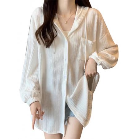BY14032# 连帽薄款衬衫外套女夏季百搭宽松显瘦中长款开衫长袖防晒上衣 服裝批發女裝批發服飾貨源