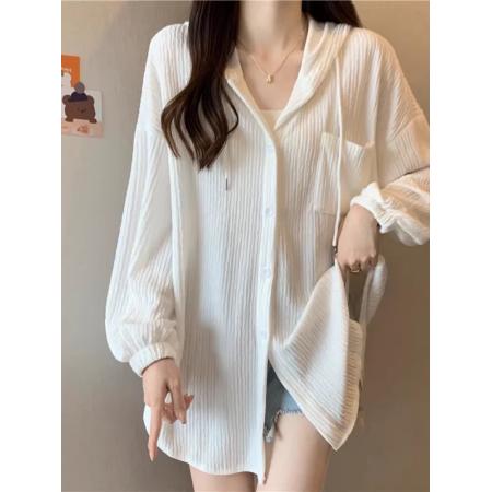 BY14032# 连帽薄款衬衫外套女夏季百搭宽松显瘦中长款开衫长袖防晒上衣 服裝批發女裝批發服飾貨源