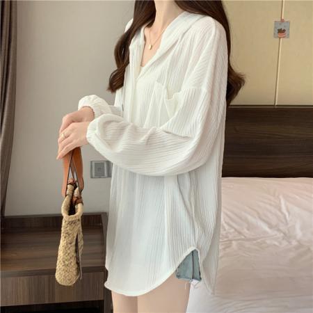 BY14032# 连帽薄款衬衫外套女夏季百搭宽松显瘦中长款开衫长袖防晒上衣 服裝批發女裝批發服飾貨源