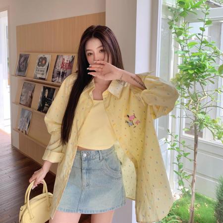 BY14033# 女装黄色薄款防晒翻领长袖衬衫女春季胖mm设计感宽松显瘦衬衣 服裝批發女裝批發服飾貨源