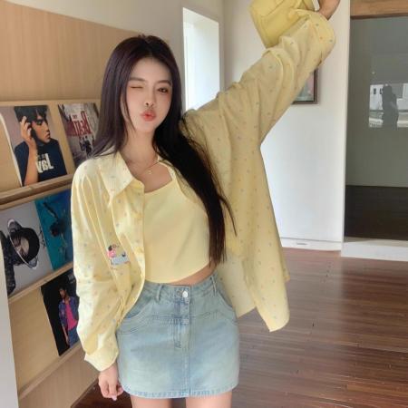BY14033# 女装黄色薄款防晒翻领长袖衬衫女春季胖mm设计感宽松显瘦衬衣 服裝批發女裝批發服飾貨源