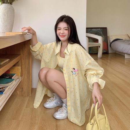 BY14033# 女装黄色薄款防晒翻领长袖衬衫女春季胖mm设计感宽松显瘦衬衣 服裝批發女裝批發服飾貨源