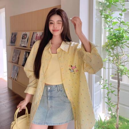 BY14033# 女装黄色薄款防晒翻领长袖衬衫女春季胖mm设计感宽松显瘦衬衣 服裝批發女裝批發服飾貨源
