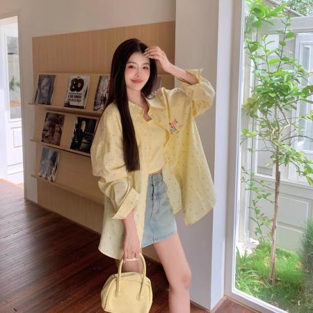 BY14033# 女装黄色薄款防晒翻领长袖衬衫女春季胖mm设计感宽松显瘦衬衣 服裝批發女裝批發服飾貨源